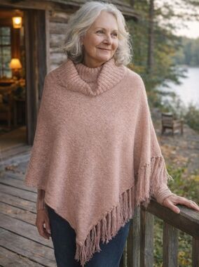 Britts Knits Pink Pullover Poncho O/S Cottagecore Coastal Grandma Cozy Cabin